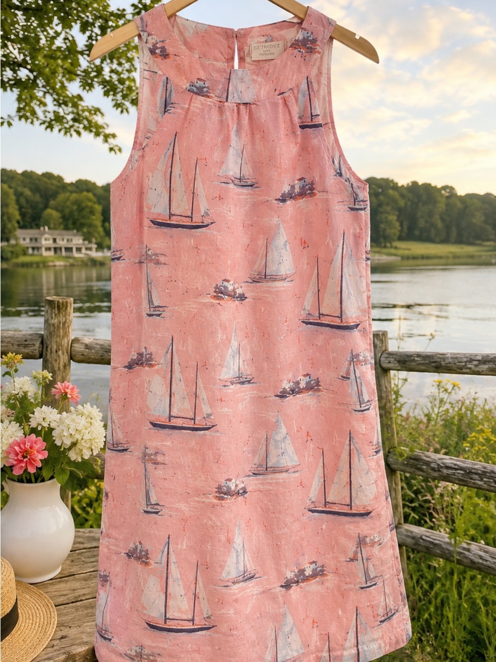St. Tropez West Pink Sailboat Print Shift Dress 100% Linen Coastal Summer 309